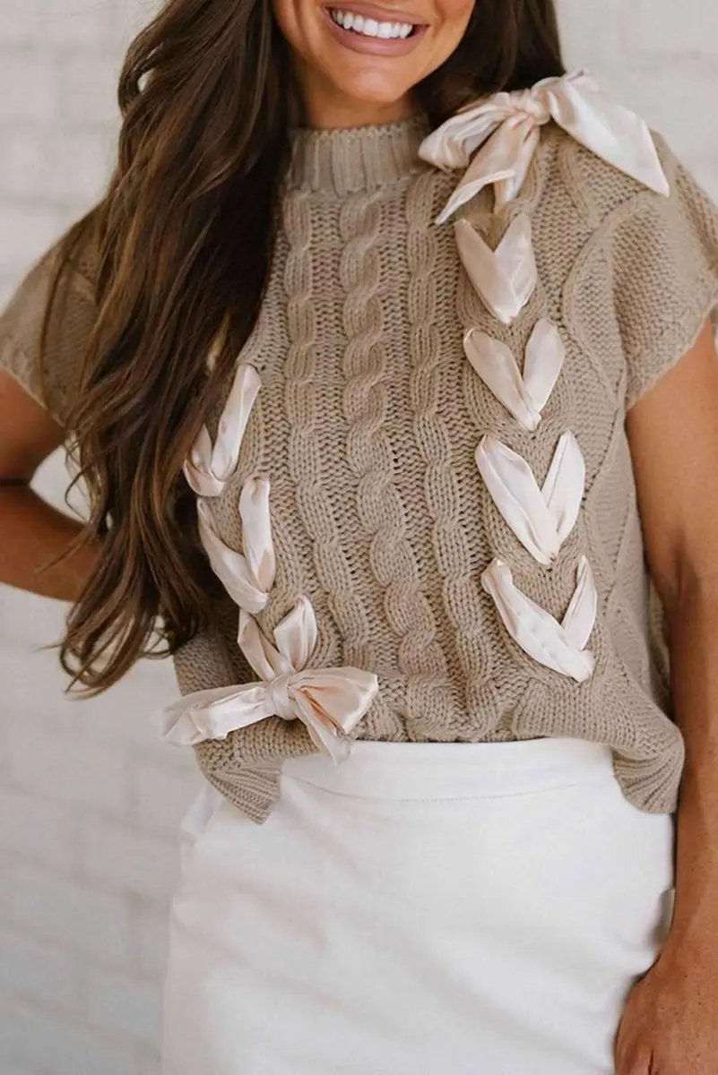 Chic Taupe Colorblocked Cable Knit Sweater with Satin Bow Detail - Love Salve